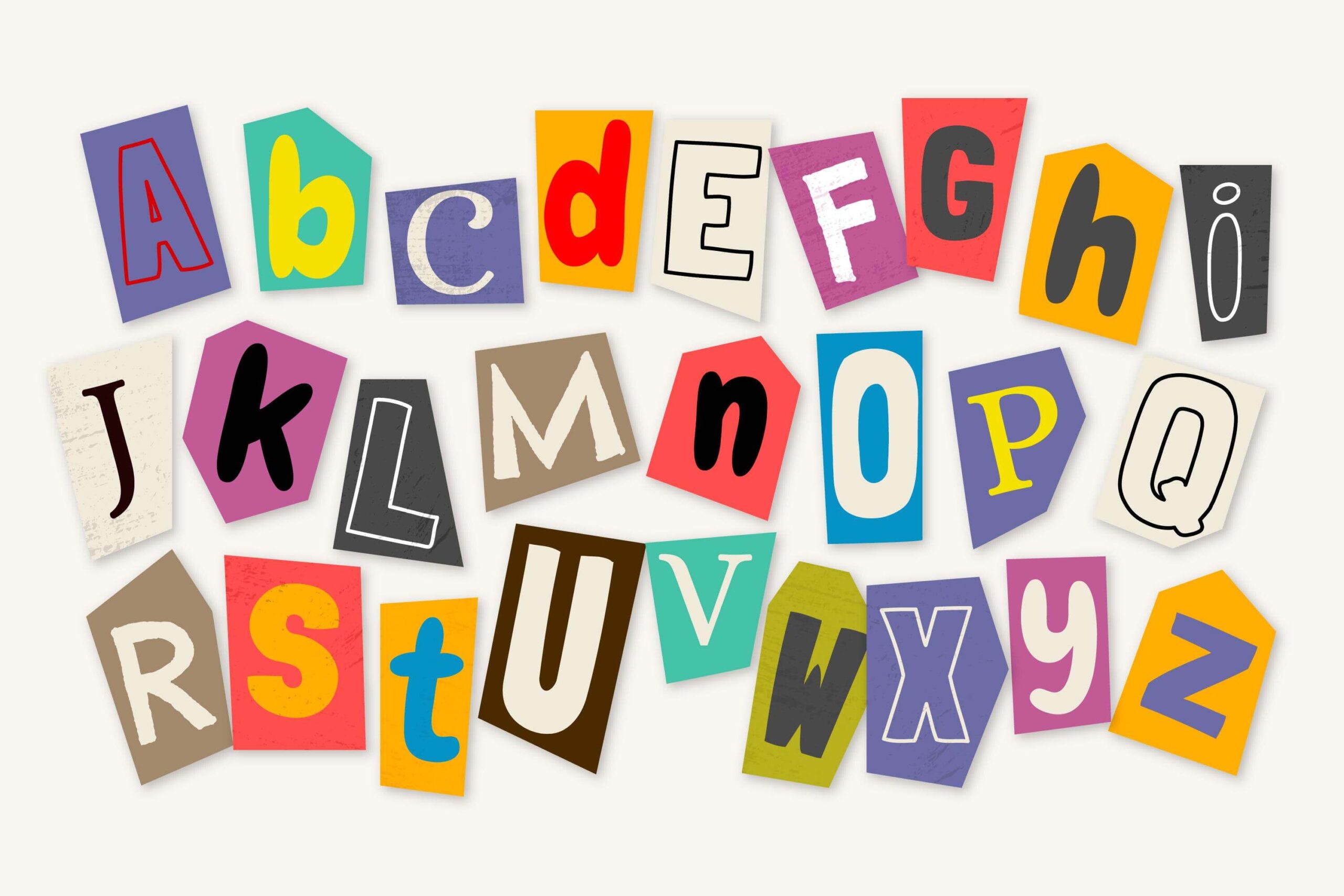 Colorful ransom note style alphabet letters from A to Z for the ToolFast random letter generator tool.